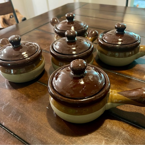 Other - Set of 5 Vintage Brown Glazed French Onion Soup Bowls with Lids & Handles
